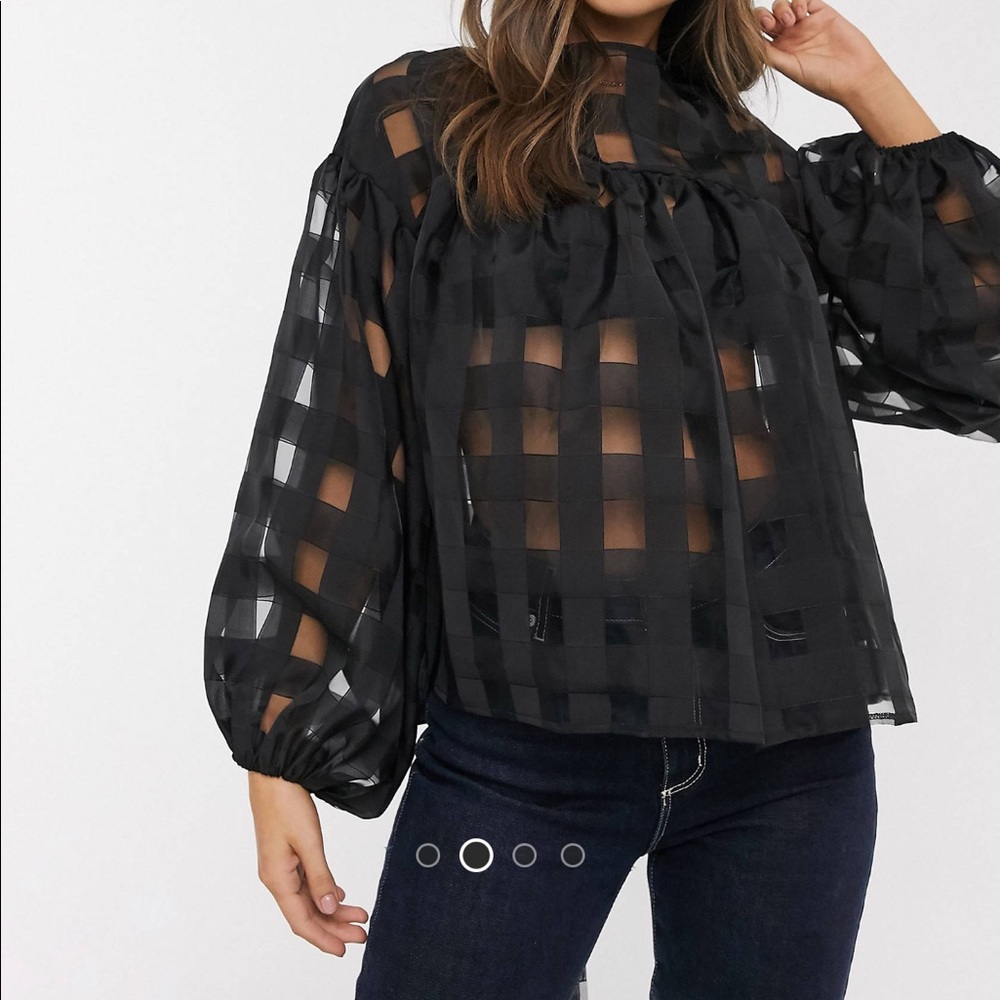 ASOS Checkered Black Organza Balloon Sleeve Tie Back Blouse